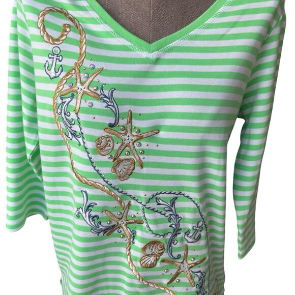 Quacker Factory Starfish Top Women's Size XS Green Stripe Beaded Cruise Beach - Picture 1 of 6